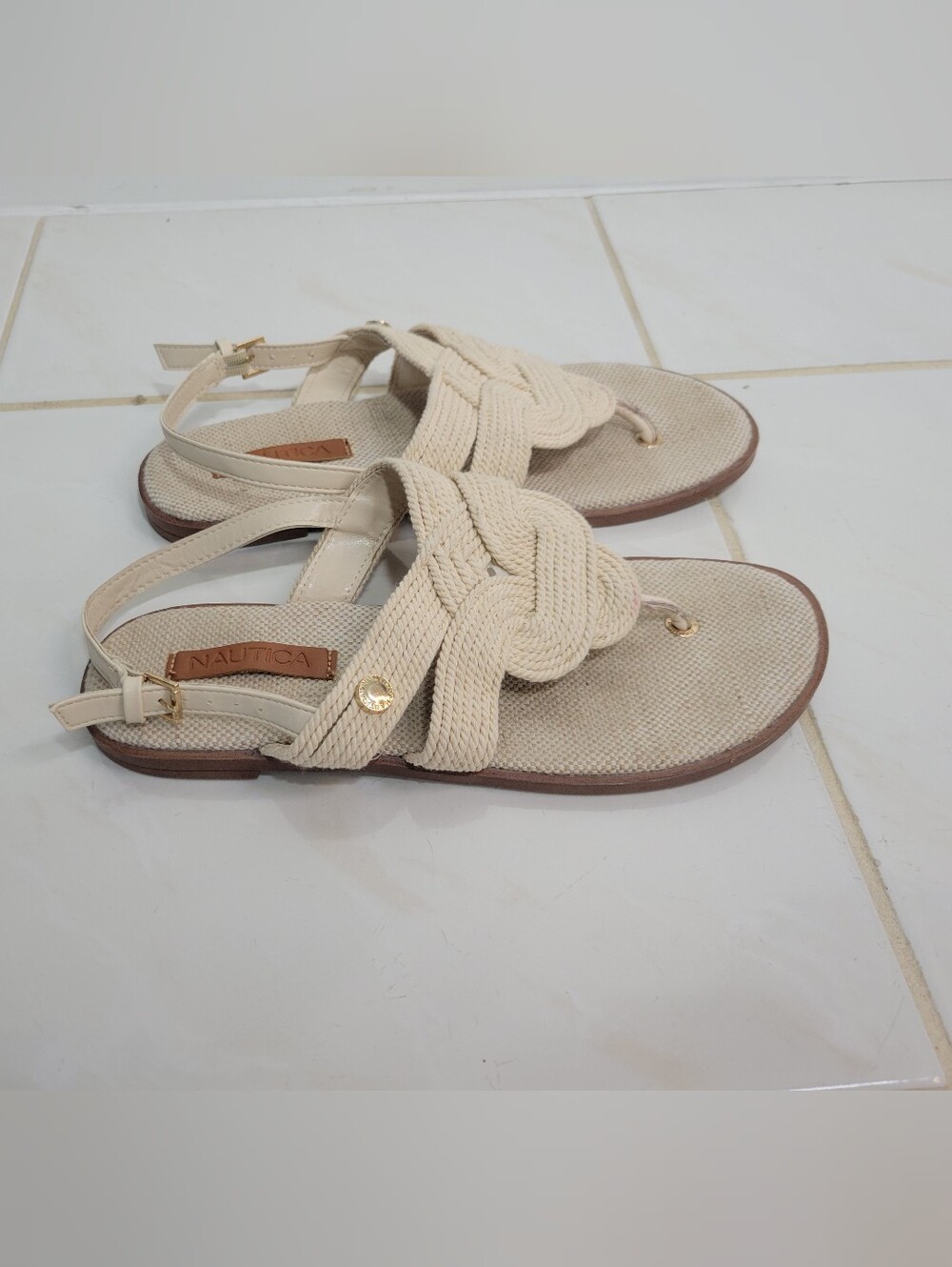 Nautica Cream Knotted Rope T-Strap Sandals Women, Size 8 - Picture 3 of 6